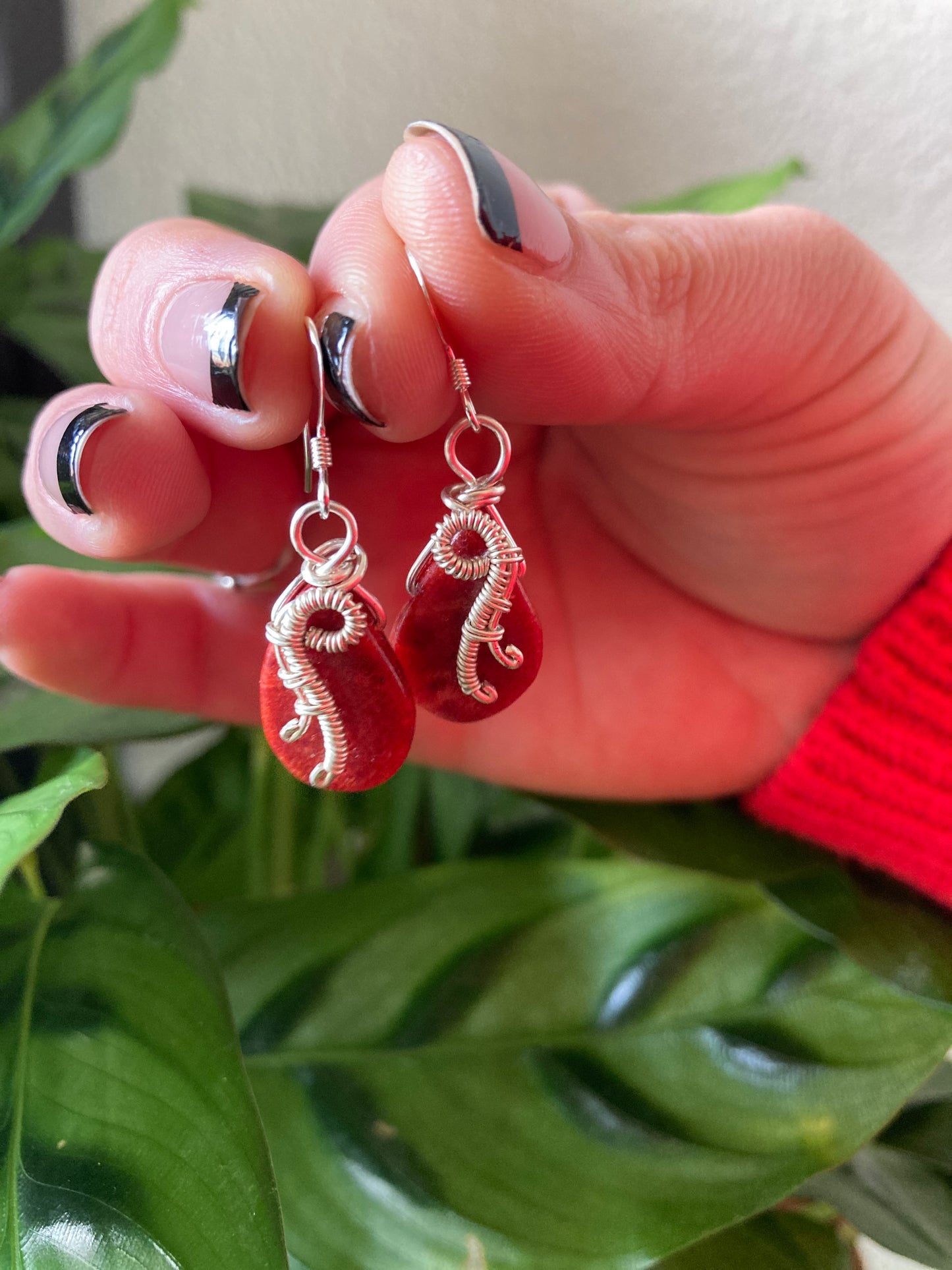 Red Sponge Coral Wire-Wrapped Teardrop Earrings