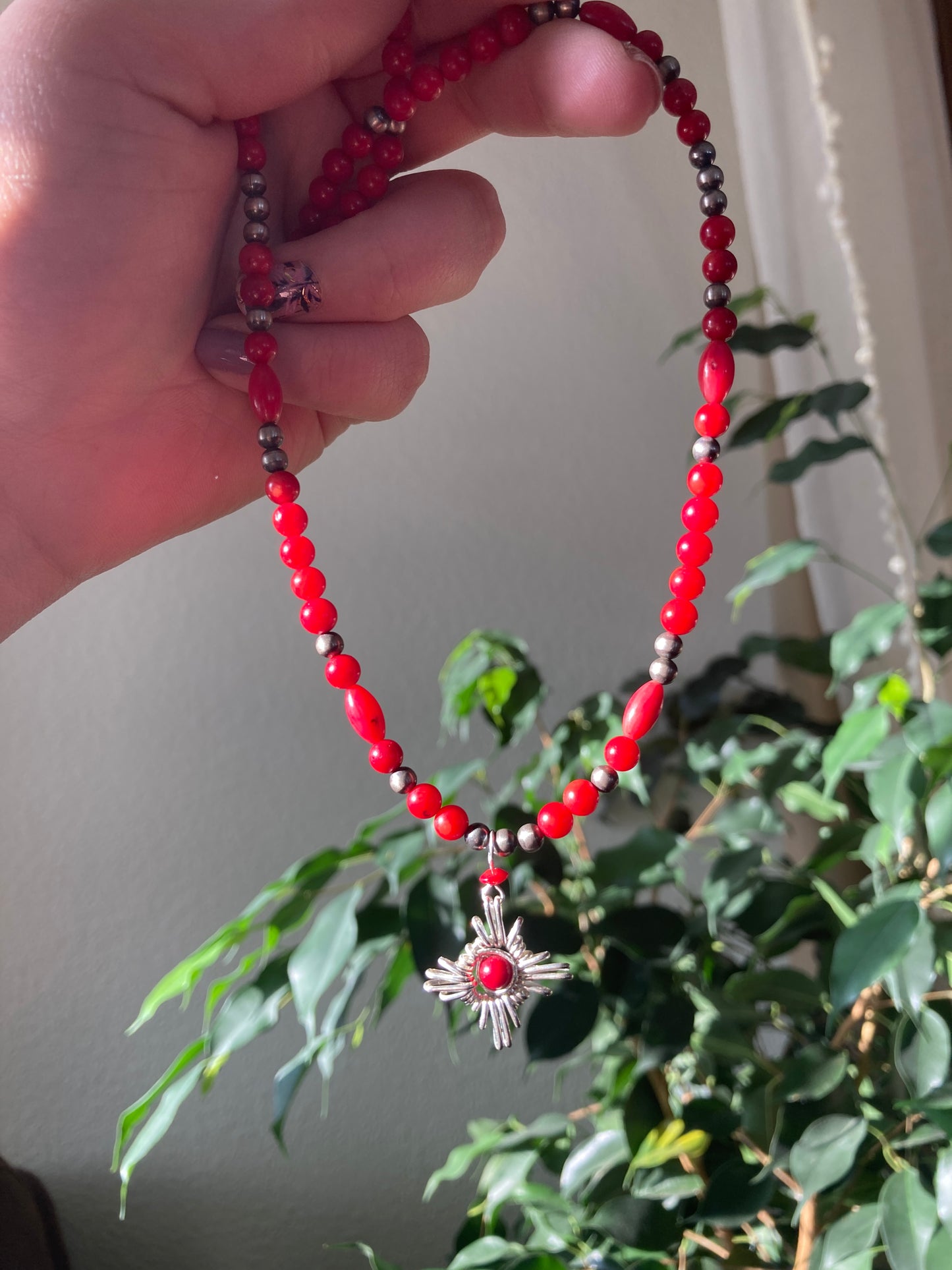 Red Coral Zia Pendant Navajo Pearl Necklace