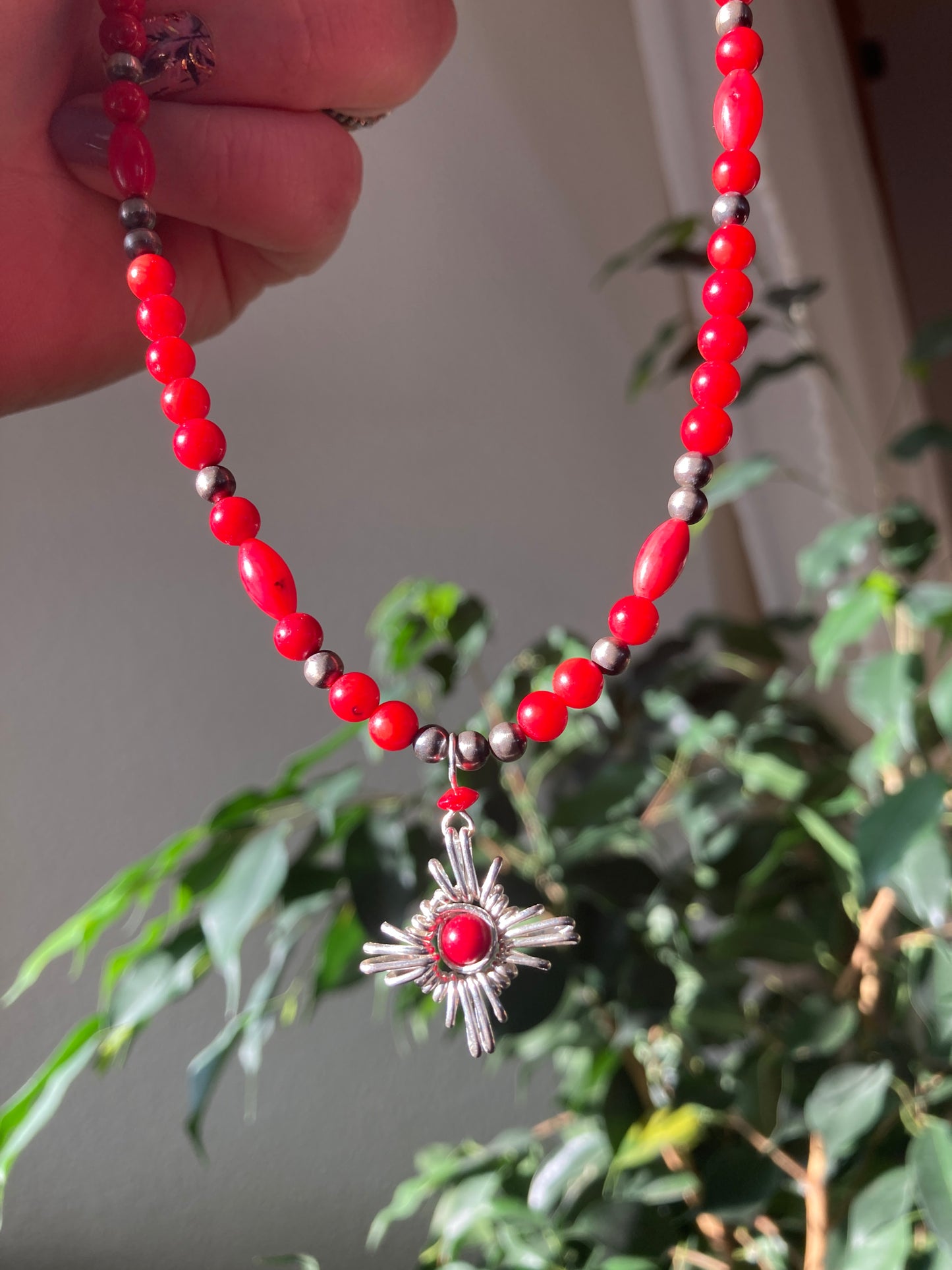 Red Coral Zia Pendant Navajo Pearl Necklace