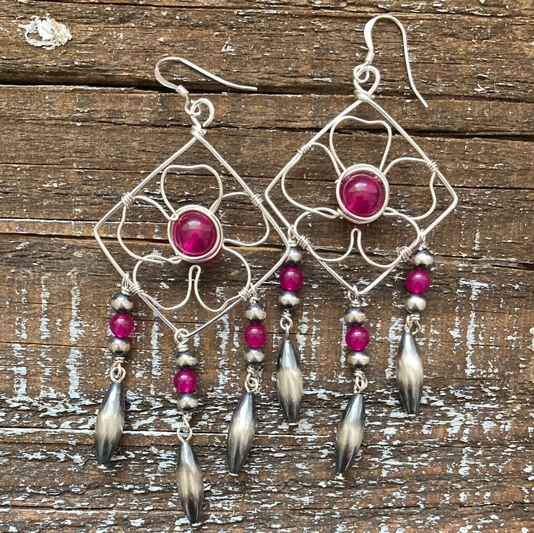 Pink Chalcedony Flower Chandelier Earrings