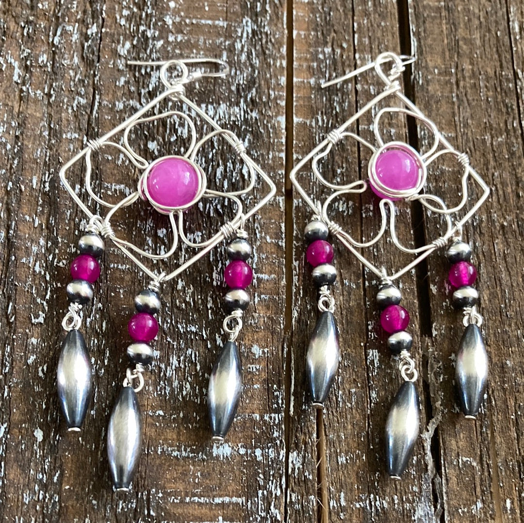 Pink Chalcedony Flower Chandelier Earrings