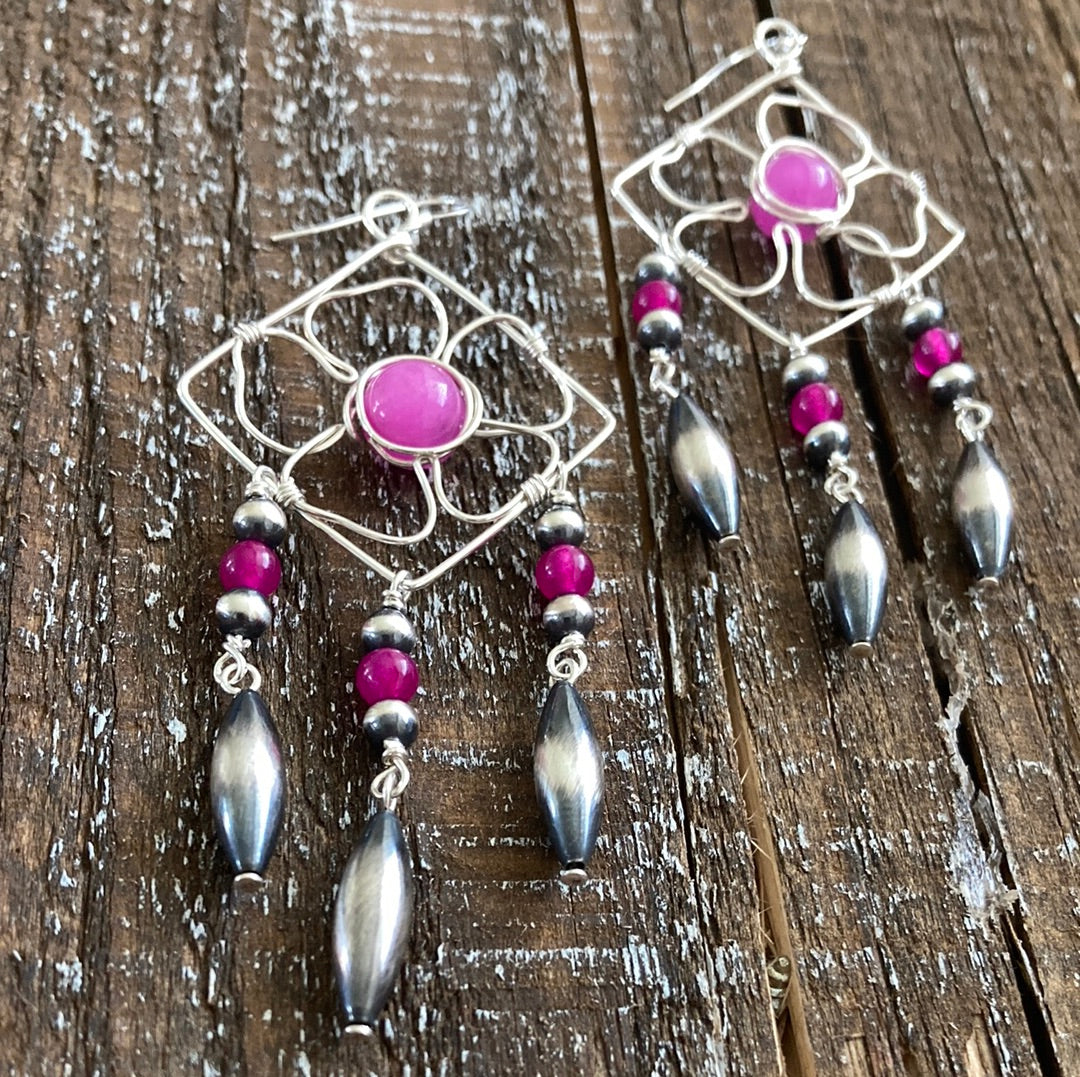 Pink Chalcedony Flower Chandelier Earrings