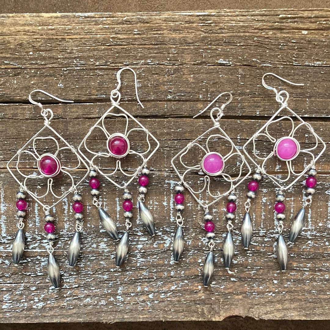 Pink Chalcedony Flower Chandelier Earrings