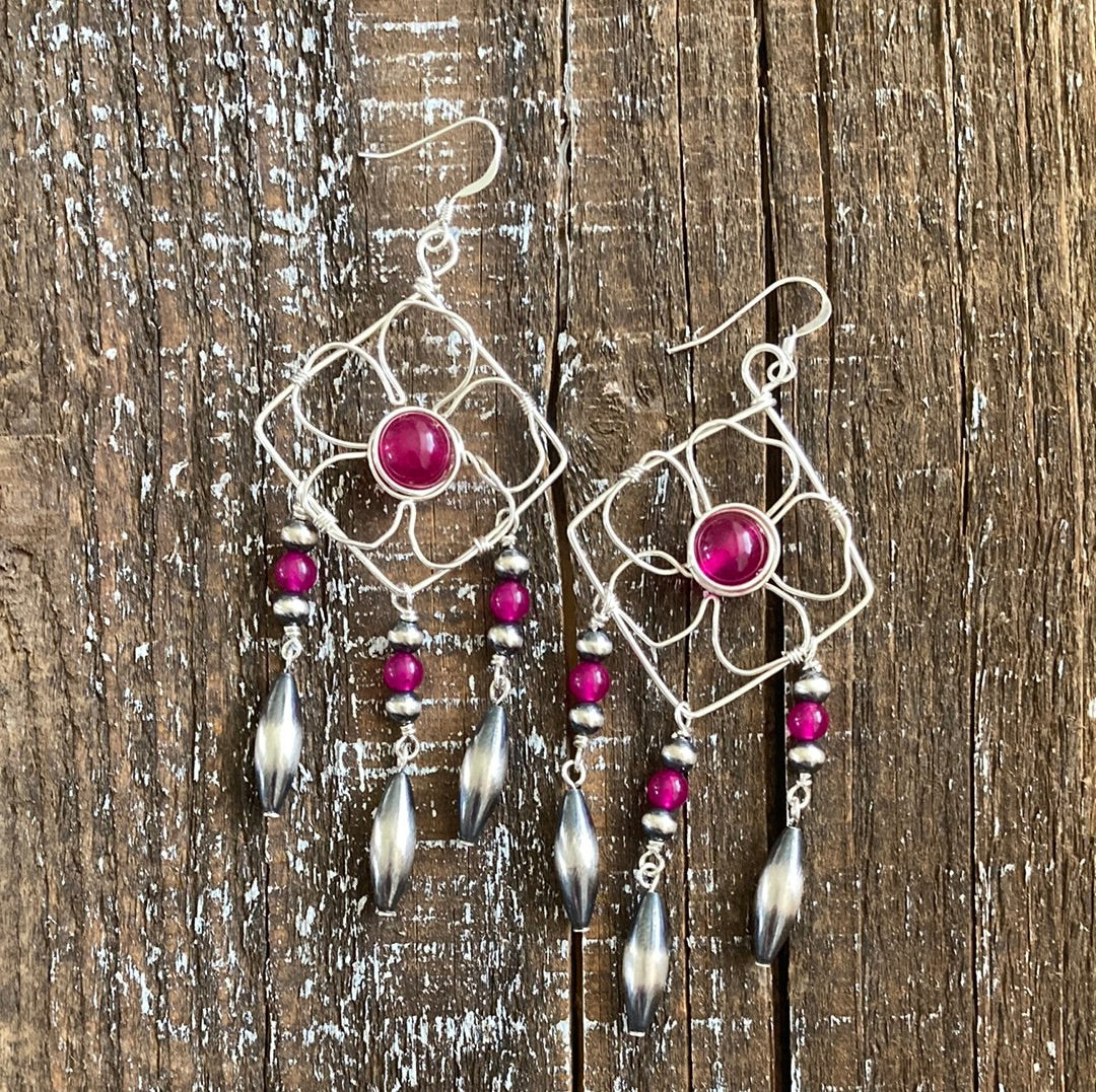 Pink Chalcedony Flower Chandelier Earrings